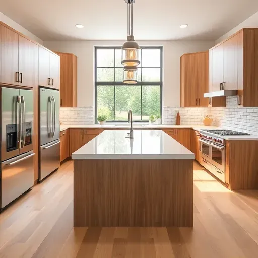 Remodeled Herriman UT kitchen with modern wood cabinetry black hardware quartz island stainless appliances hardwood floor and natural light