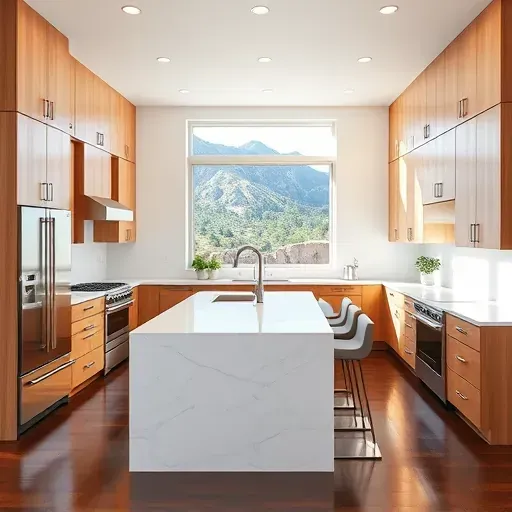 Modern Alpine kitchen with oak cabinets, white quartz counters, stainless steel appliances, mountain views and hardwood floors