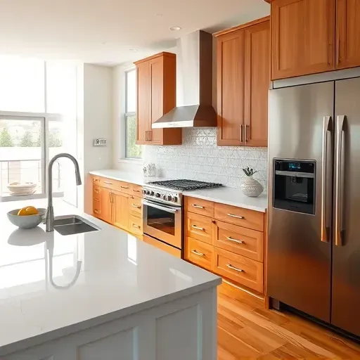 Recently remodeled Saratoga Springs UT kitchen with modern quartz countertops, intricate backsplash, stainless steel appliances, and warm wood cabinetry