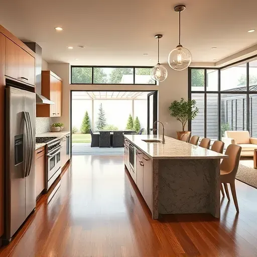 Modern remodeled kitchen and cozy living area in Farmington UT with stainless steel appliances and elegant decor.