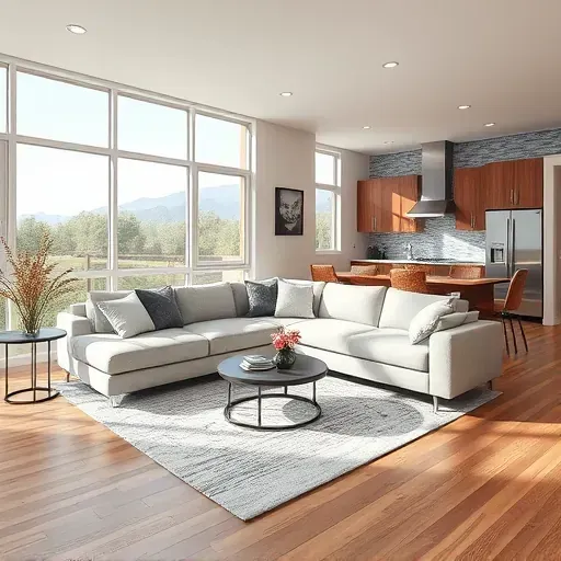 Modern South Jordan living room featuring elegant furniture, large windows, and seamless kitchen connectivity.