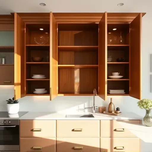Refinished modern kitchen cabinet with glossy finish, open doors showing neat shelves, bright colors, and elegant decor