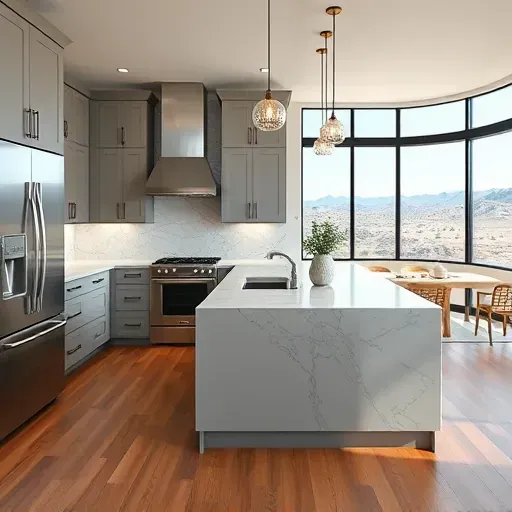 Modern Sandy, UT kitchen featuring white high-gloss cabinets, quartz countertops, stainless steel appliances, and natural light.