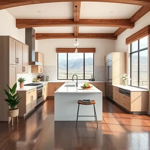 Modern kitchen remodel in Jeremy Ranch UT featuring quartz countertops, wooden beams, and natural light with mountain views.