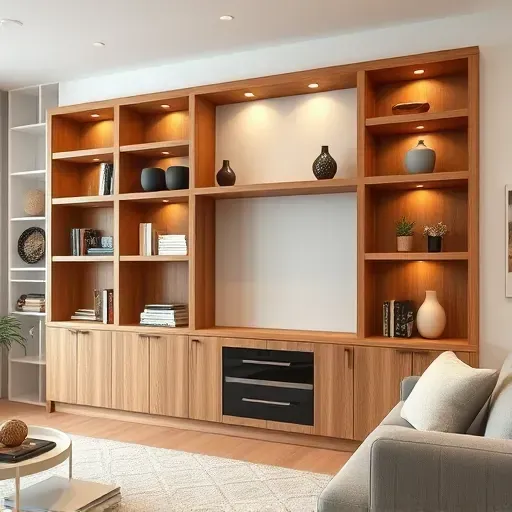 Modern built-in wood shelving with organized books and decor in a stylish, inviting living room with subtle lighting