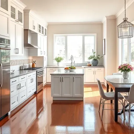Modern kitchen in Lehi UT features white cabinetry, stainless steel appliances, granite island, and natural light.
