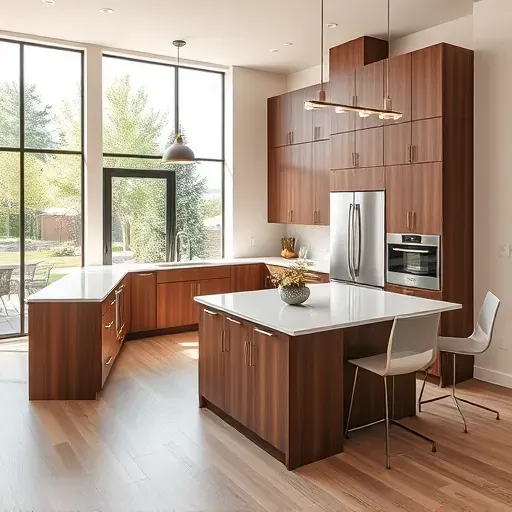 Renovated kitchen in Canyon Rim UT with walnut cabinetry, quartz island, and natural light from large windows.