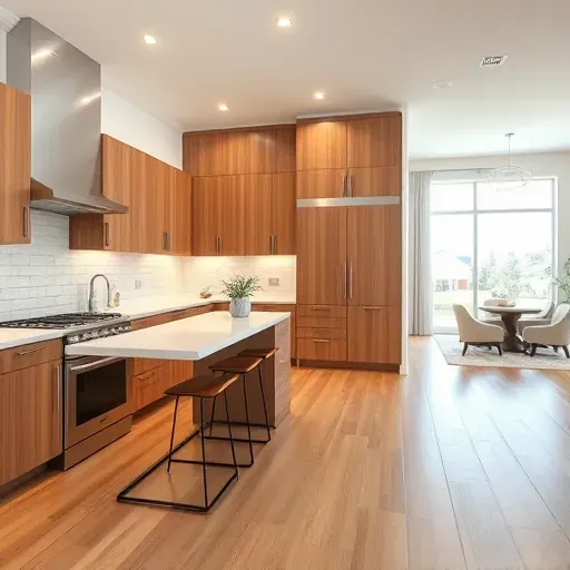Recently remodeled modern kitchen in Kaysville Utah with quartz countertops stainless-steel appliances and warm wood cabinetry