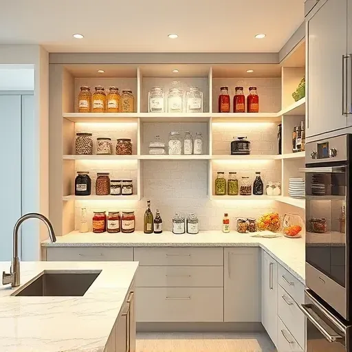 Modern kitchen pantry with open shelves glass jars labeled containers neutral matte cabinets quartz countertops stainless steel appliances bright lighting