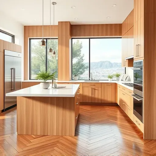 Remodeled modern kitchen in The Avenues UT with wood cabinets, stainless steel appliances, quartz countertops, and lush greenery views