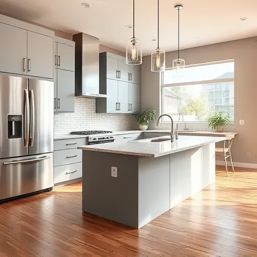 Modern Bluffdale kitchen with matte cabinets stainless steel appliances granite island hardwood flooring and natural light