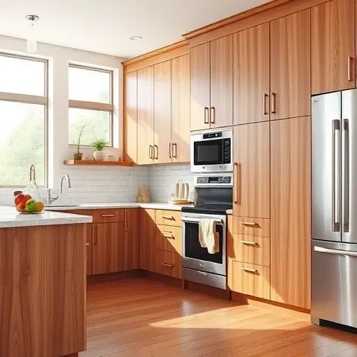 Modern kitchen with warm walnut cabinets, stainless steel appliances, polished quartz countertops, hardwood floors, and large windows