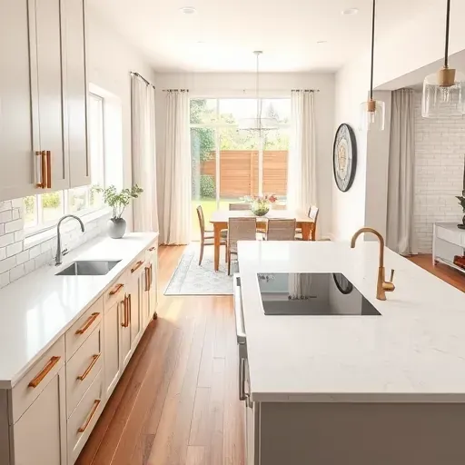 Modern sugarhouse kitchen with white quartz countertops, sleek cabinetry, marble island, hardwood floors, and open plan dining