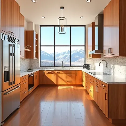 Modern Olympus Cove kitchen with warm wood cabinets granite countertops stainless steel appliances mountain views bright natural light