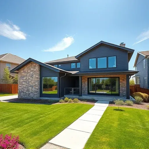 Newly completed modern home extension in Herriman Utah with stone veneer siding, large energy-efficient windows, landscaped yard, and seamless integration