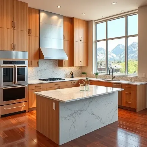 Modern kitchen remodel in Olympus Cove UT with oak cabinetry, granite countertops, and stainless appliances.