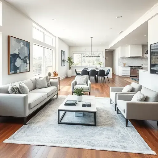 Renovated living room in Upper Avenues UT features modern design, hardwood floors, and abundant natural light.