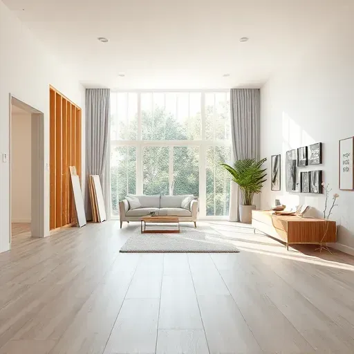 Open-concept modern living room showing drywall removal, seamless flooring, natural light, minimalist decor, and clean construction details