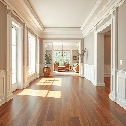 Modern residential living room interior with custom crown moldings, baseboards, wainscoting, hardwood floors, large windows, and neutral walls in Herriman Utah