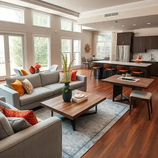 Modern open-concept living space in Saratoga Springs featuring stylish furniture, large windows, and elegant finishes.