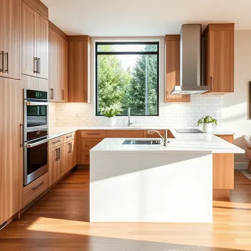 Modern Yalecrest kitchen with wood cabinetry, quartz island, white subway backsplash, stainless appliances, hardwood floors