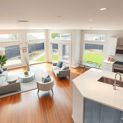 Modern remodeled Kaysville home interior with open living space, sleek finishes, hardwood floors, and lush backyard views.