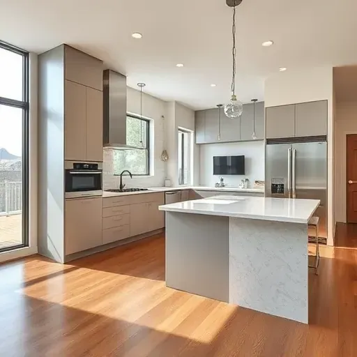 Recently remodeled Murray Utah kitchen with matte cabinets, quartz island, stainless appliances, subway tile backsplash, hardwood floors, modern open layout