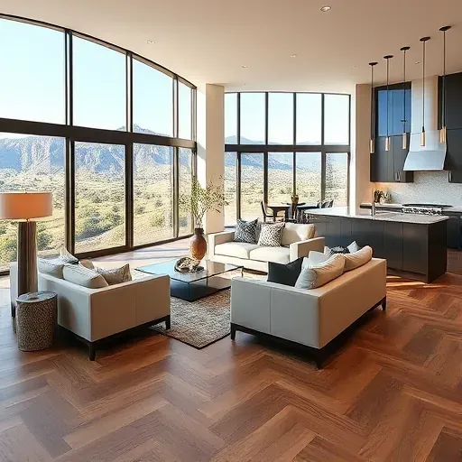 Spacious, modern Jeremy Ranch home interior with mountain views, sleek furniture, hardwood floors, and updated kitchen.