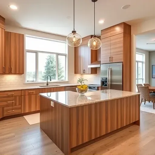 Recently remodeled Riverton UT kitchen with sleek wood cabinetry, granite island, pendant lights, and modern stainless appliances