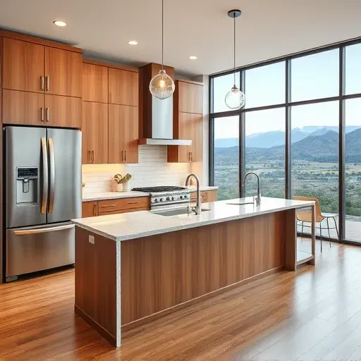 Renovated Draper Utah kitchen with warm wood cabinets granite countertops stainless steel appliances large island pendant lighting hardwood floors and scenic windows