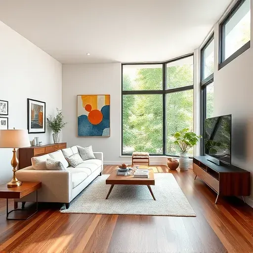Modern Sugarhouse living room remodel with elegant sofa, coffee table, art wall, windows, and hardwood flooring.