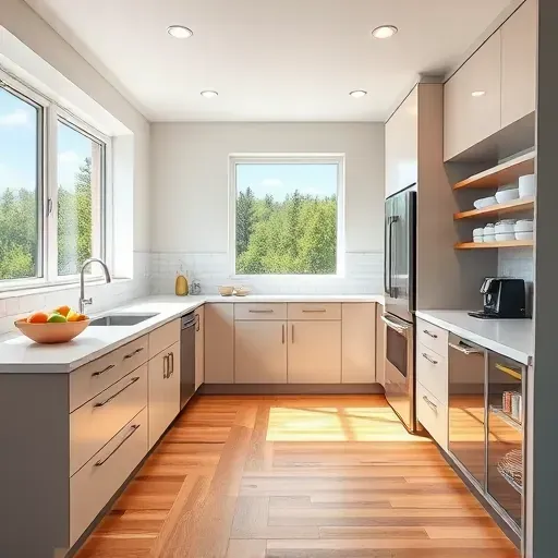 Recently remodeled Bountiful Utah kitchen with modern matte cabinetry, stainless steel appliances, quartz countertops, white subway tile backsplash, hardwood floors, large windows with outdoor greenery.