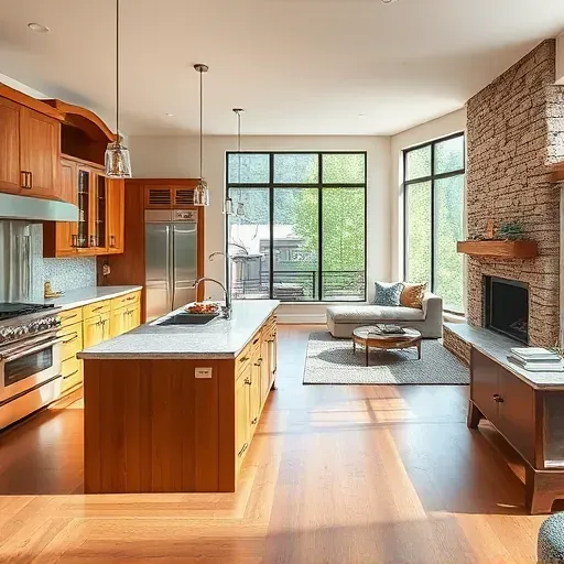 Modern open-concept living space in Millcreek UT with rustic charm, granite kitchen island, and cozy fireplace.
