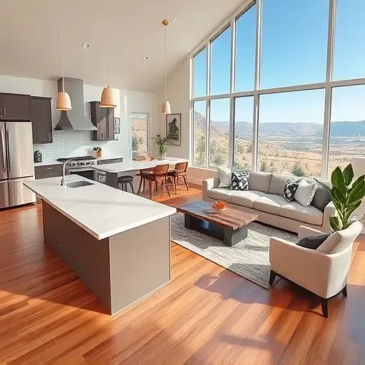 Stylish open-concept living space in South Jordan UT, featuring modern kitchen, plush decor, and natural light.