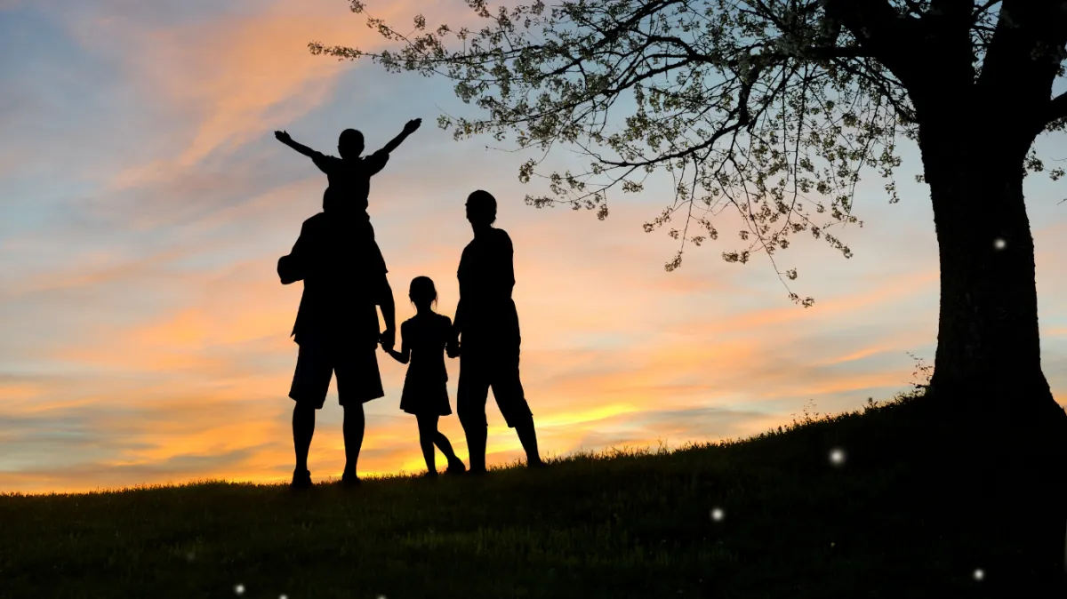 Family walking from behind along a tree-lined park path in warm light