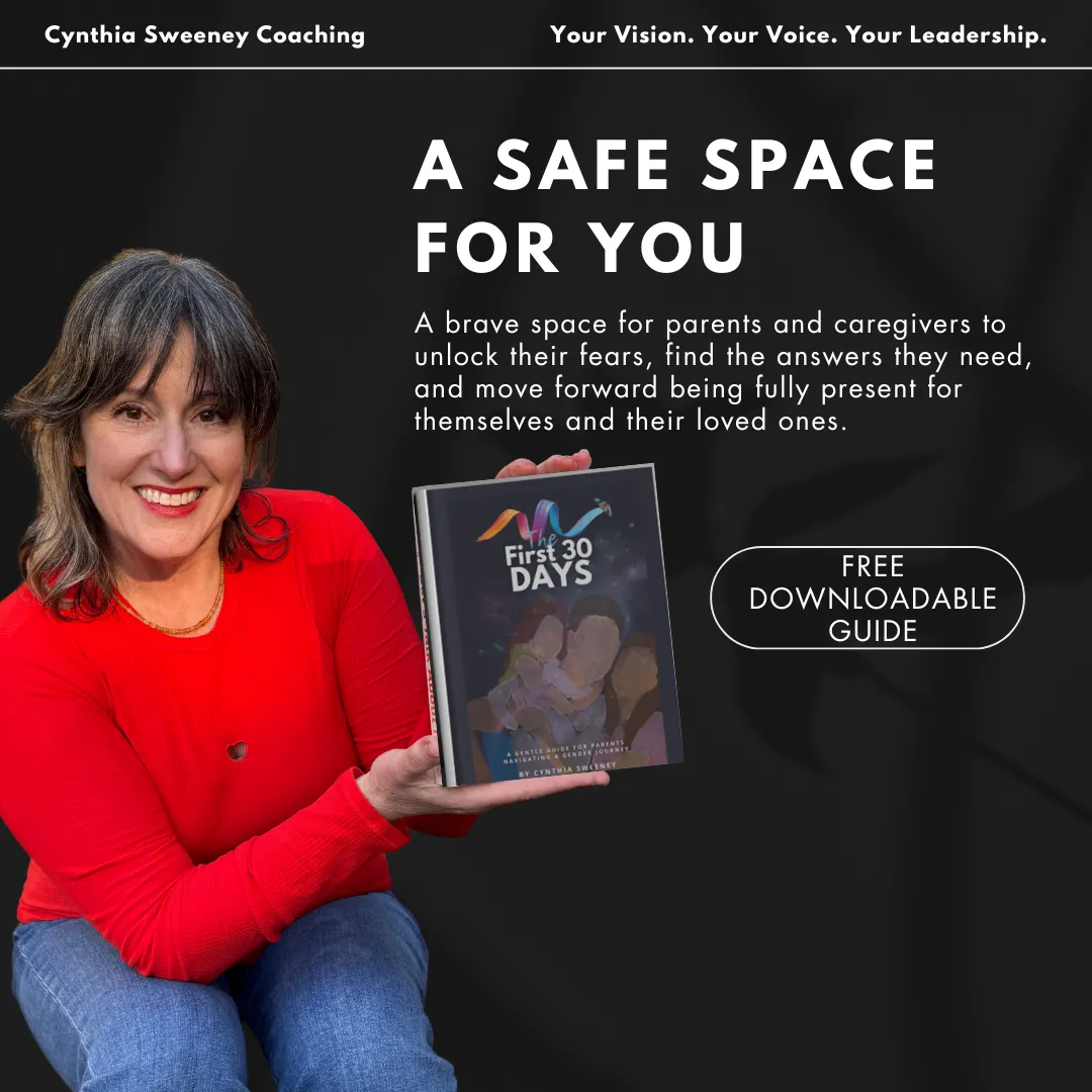 Smiling woman holding a book 'The First 30 Days' with words 'A Safe Space For You' and button 'Free Downloadable Guide'