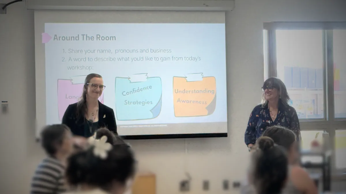 Two presenters stand at the front of a classroom during a workshop, speaking to an audience while a projector shows the slide “Around The Room” with notes and three illustrated boxes: Love, Confidence Strategies, and Understanding Awareness.