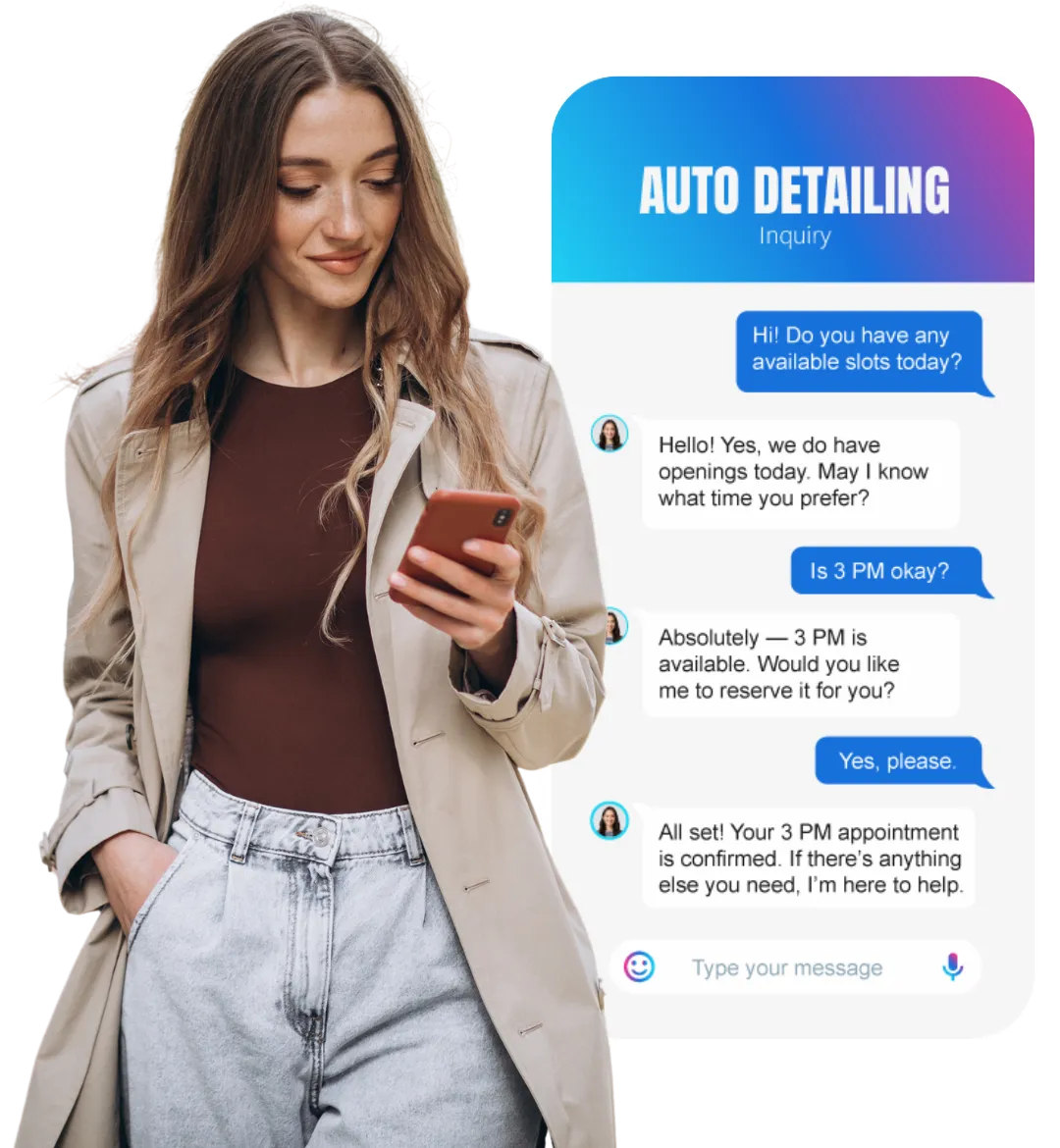 Woman using phone and inquiring to an auto detailing shop