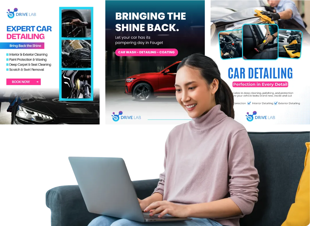 Woman using a laptop with car detailing expert info on the background