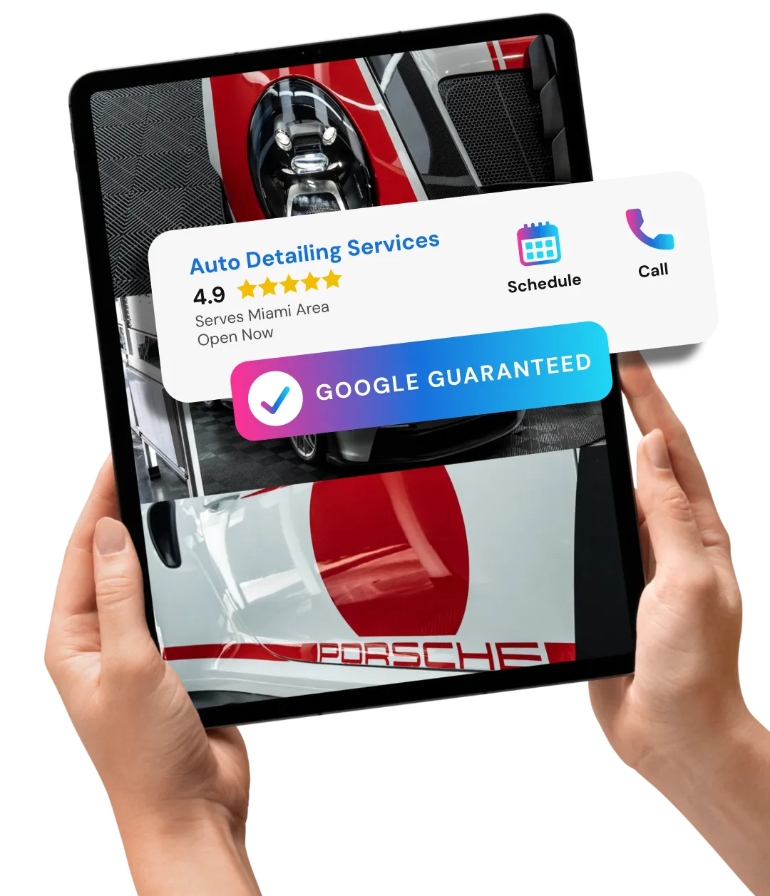 hand holding a tablet showing google guaranteed auto detailing shop