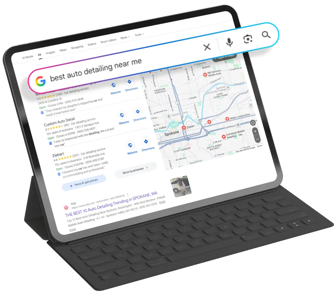 Tablet showing google results for best auto detailing near me