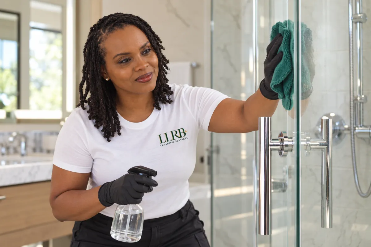 African American cleaning professional dusting an upscale modern residential kitchen