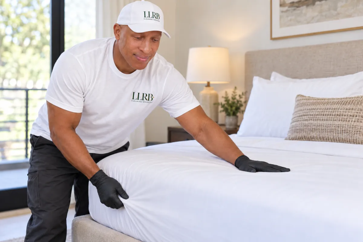 African American cleaning professional dusting an upscale modern residential kitchen