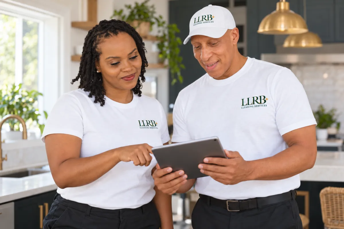 Cleaning coordinator reviewing a scheduled calendar and checklist in a luxury apartment setting