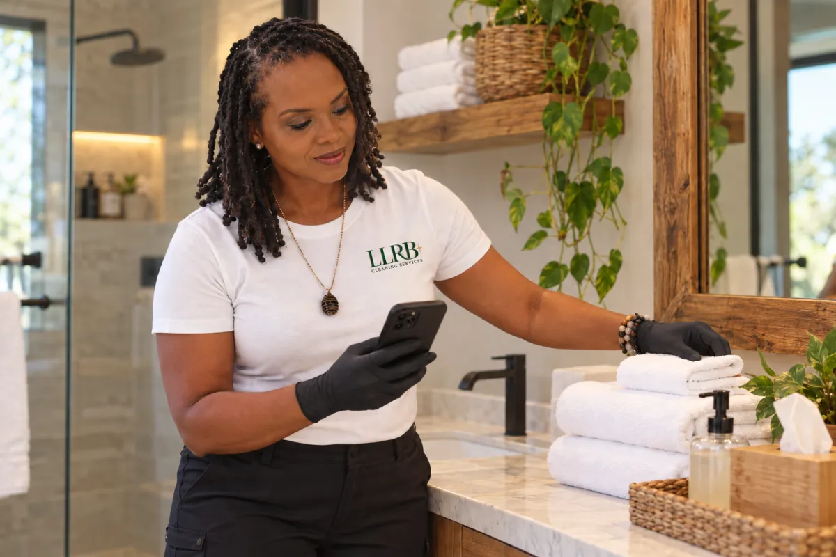 Cleaning supervisor taking photo documentation on a smartphone of restocked luxury toiletries in a spotless rental bathroom