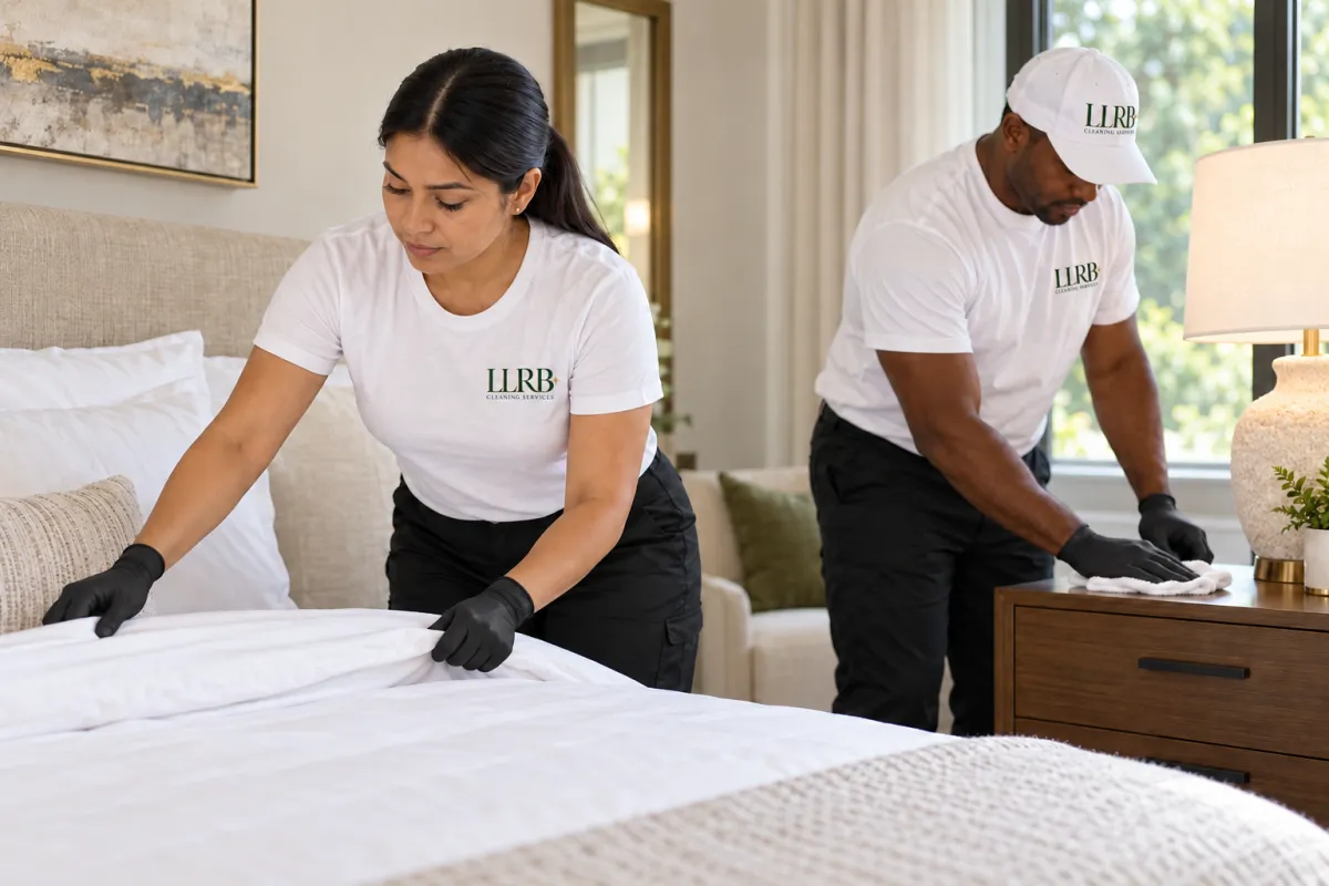 Professional cleaning specialist precisely making a luxury master bed with crisp white linens in an upscale vacation rental