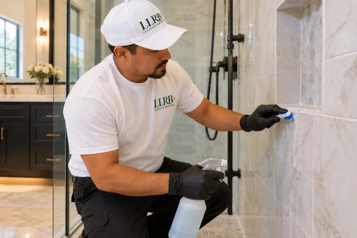Latino cleaning specialist conducting precision sanitization on luxury marble bath surfaces