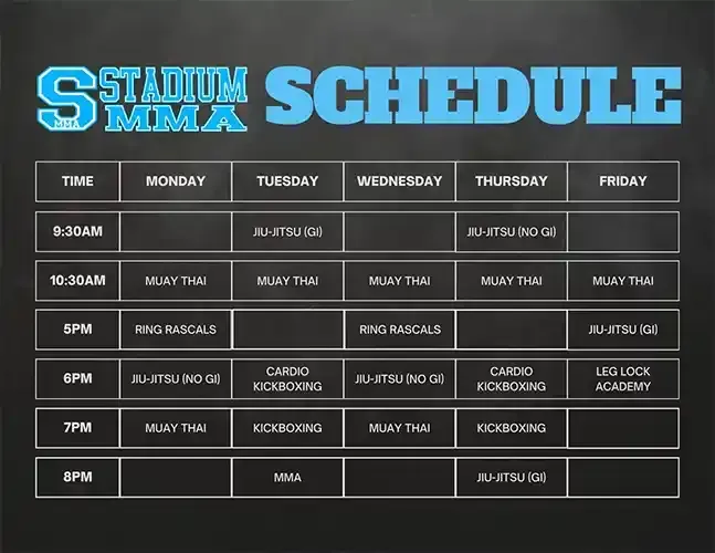 A weekly timetable (Monday through Friday) for Stadium MMA in Port Orange, Florida, listing various martial arts classes—Jiujitsu (Gi and No-Gi), Muay Thai, kickboxing, and kids' sessions