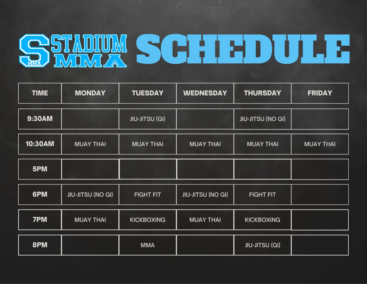 A weekly timetable (Monday through Friday) for Stadium MMA in Port Orange, Florida, listing various martial arts classes—Jiujitsu (Gi and No-Gi), Muay Thai, kickboxing, and kids' sessions