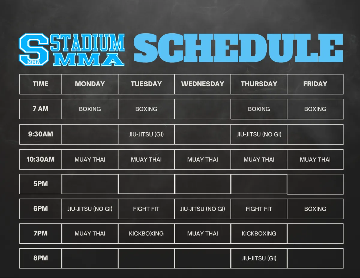 A weekly timetable (Monday through Friday) for Stadium MMA in Port Orange, Florida, listing various martial arts classes—Jiujitsu (Gi and No-Gi), Muay Thai, kickboxing, and kids' sessions